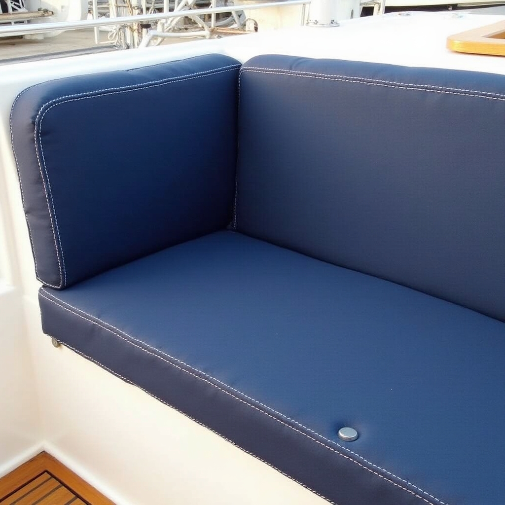 Cuscini di pozzetto nuovi in tessuto Sunbrella blu su barca a vela dopo il rifacimento